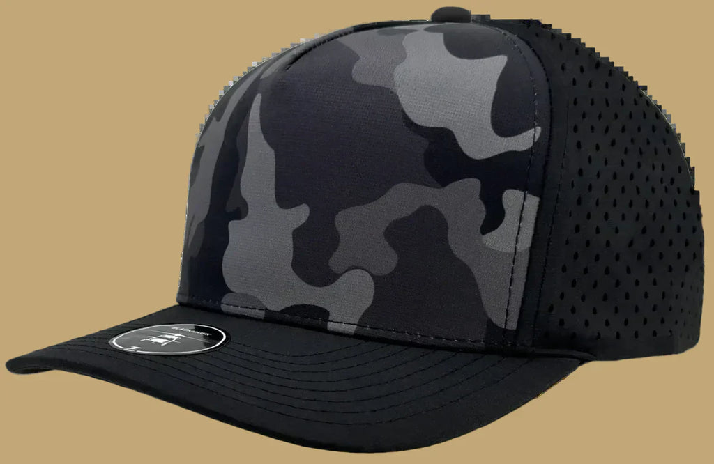 Black and gray camouflage baseball cap with a brand logo on a white background